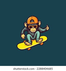 Chimpanzee ride skateboard. monkey with skateboard. Funky monkey.esport logo.