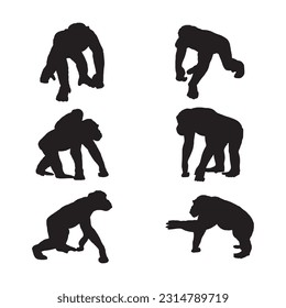 chimpanzee silhouette set collection isolated black on white background vector illustration