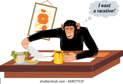 Chimpanzee sitting at office table. Vector