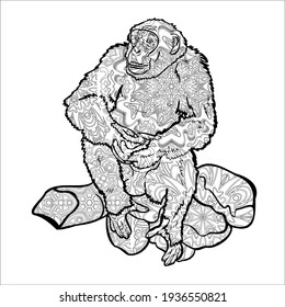 Chimpanzee sitting on rock, drawing with pattern for coloring, vector illustration.
