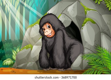 Chimpanzee standing in front of the cave illustration