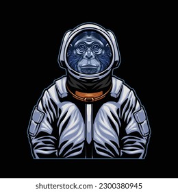 a chimpanzee wearing a space suit, an astronaut ape illustration for logo mascot