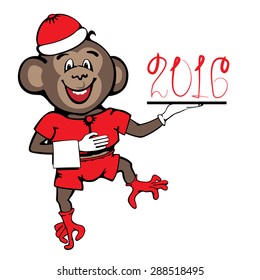 Chimpanzees waiter carries a tray number 2016. Cartoon. Flat.