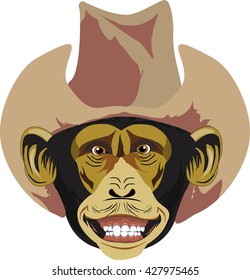 Chimpanze's head, with cowboy hat, isolated vector image