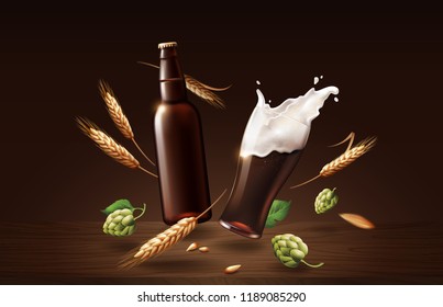 chin chin dark beer in glass cup and bottle with wheat and hops, refreshing drink with white foam in 3d illustration, splashing beer vector illustration