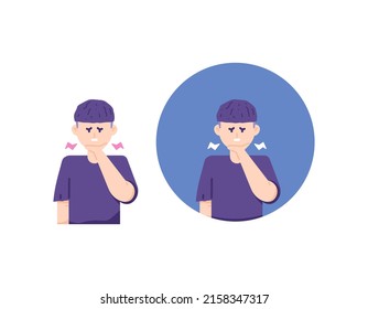 chin and jaw pain. muscle tension, dental disease, jaw dysfunction, trigeminal neuralgia, sinusitis, and trauma. a man holds his chin because it hurts. health problems in the body. flat cartoon