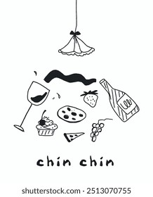 chin chin. naive art style vector illustration for Valentine, birthday and good day, featuring simple doodle designs, wine, festive greetings. White greeting card in a childlike
