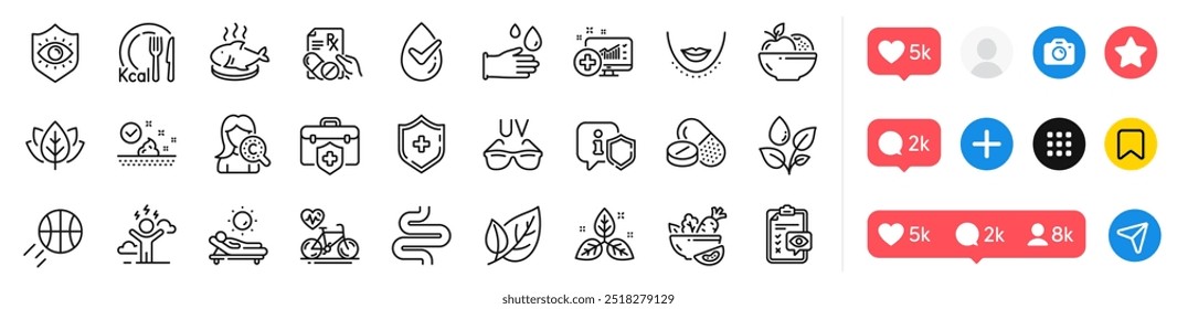 Chin, Rubber gloves and Dermatologically tested line icons pack. Social media icons. Medical analytics, Eye protection, Cardio bike web icon. Organic tested, Eye checklist, Skin care pictogram. Vector