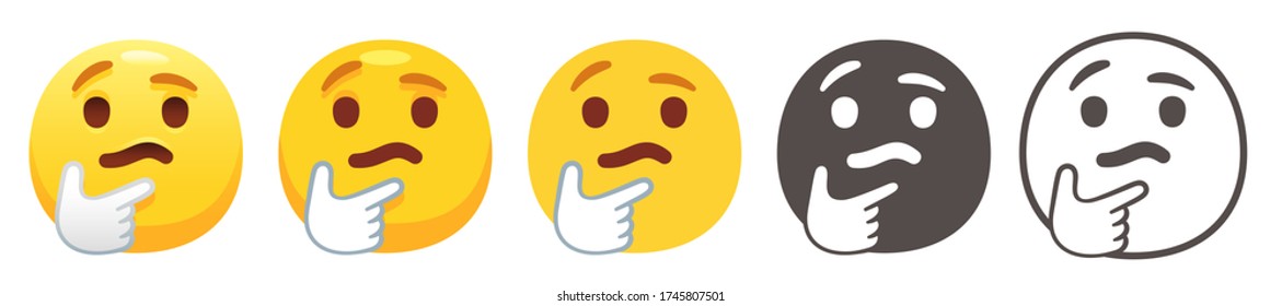 Chin thumb emoji. Thinking yellow face with furrowed eyebrows, thumb and index finger on chin. Pondering person emoticon flat vector icon set