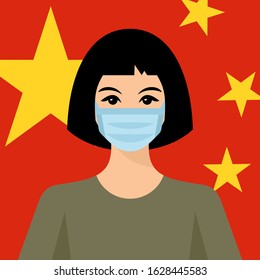 China 2019-nCoV allert poster. Chinese girl with virus protective mask.