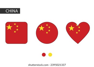 China 3 formas (cuadrado, círculo, corazón) con bandera de la ciudad. Aislado sobre fondo blanco.