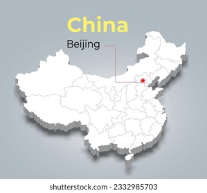 China 3d map with borders of regions and it’s capital