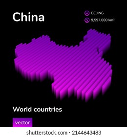 China 3D map. Stylized striped vector isometric neon Map of China is in violet and pink colors on black background. Educational Banner