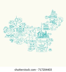 China abstract map, contour vector illustration. Coloring book. Chinese travel landmarks/attractions for coloring