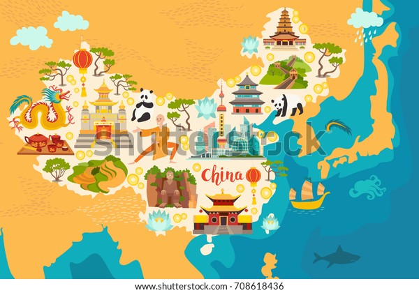 中国の抽象的な地図 手描きのベクターイラスト 中国のランドマーク