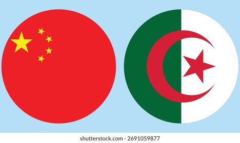 Vector de bandera circular de China y Argelia sobre fondo azul claro 