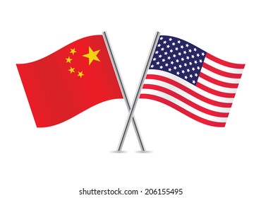 China and America crossed flags. Chinese and American flags, isolated on white background. Vector illustration.