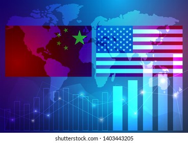 China and America flags on finance elements blue background, vector illustration. Trade war concept or business conflict between USA and China.