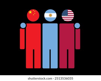 China, Argentina, and USA National Flags With Embracing Body. Vector Illustration. Isolated background.