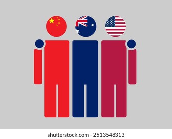 China, Australia, and USA National Flags With Embracing Body. Vector Illustration. Isolated background.