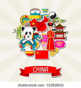 China background design. Chinese sticker symbols and objects.