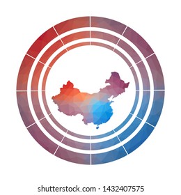 China badge. Bright gradient logo of country in low poly style. Multicolored China rounded sign with map in geometric style for your infographics.