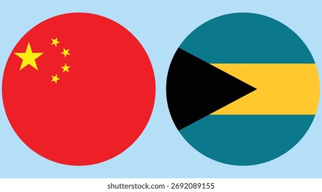 Vector circular de la bandera de China y de Bahamas con el fondo azul claro 