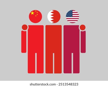 China, Bahrain, and USA National Flags With Embracing Body. Vector Illustration. Isolated background.