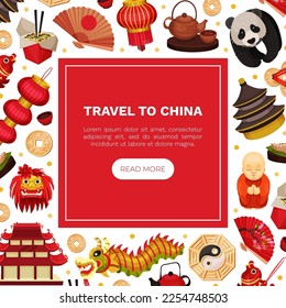China Banner Design with Traditional Chinese Attribute and Symbols Vector Template