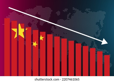 Gráfico del gráfico de barras de China, valores decrecientes, concepto de crisis y rebaja de calificación, gráfico de barras de la bandera de China, flecha abajo en los datos, idea de pancarta de noticias, fracaso y disminución, estadística financiera