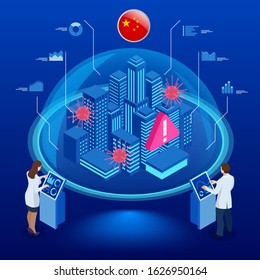 China battles Coronavirus outbreak. Coronavirus 2019-nC0V Outbreak, Travel Alert concept. The virus attacks the respiratory tract, pandemic medical health risk