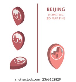China Beijing 3D vector logo set. Isometric map pin, geolocation pointer, modern skyline icon, concept, isolated graphic