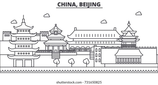 China, Beijing architecture line skyline illustration. Linear vector cityscape with famous landmarks, city sights, design icons. Landscape wtih editable strokes