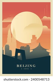 China Beijing city brutalism poster with abstract skyline, cityscape retro vector illustration. Capital metropolitan travel guide cover, brochure, flyer, leaflet, business presentation template image