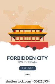 China. Beijing. Forbidden City. Time To Travel. Travel Poster Vector Flat Illustration