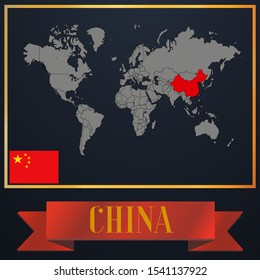 China Beijing Shanghai, Xian, Urumchi national flag, realistic globe world map blank template, solid country outline silhouette, atlas infographic, vector illustration set, isolated object, background