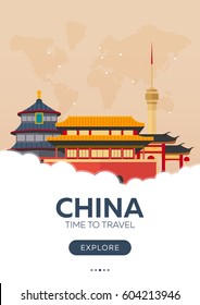 China. Beijing. Time to travel. Travel poster Vector flat illustration