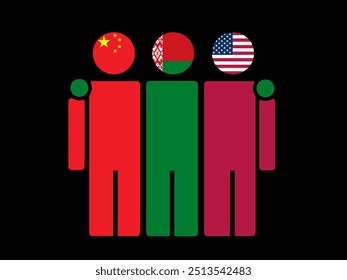 China, Belarus, and USA National Flags With Embracing Body. Vector Illustration. Isolated background.