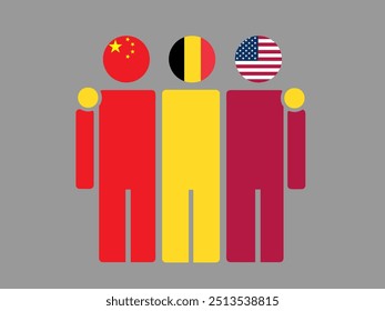 China, Belgium, and USA National Flags With Embracing Body. Vector Illustration. Isolated background.