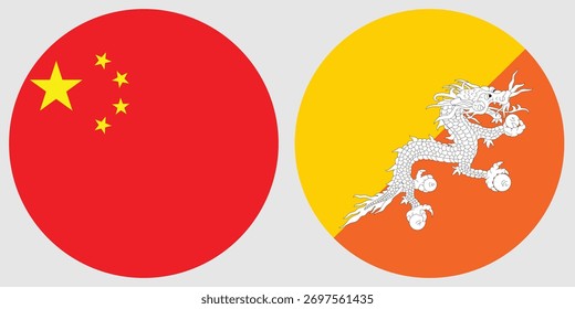 Vector de bandera circular de China y Bután con fondo gris 