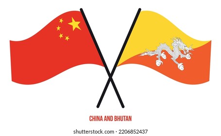 China And Bhutan Flags Crossed And Waving Flat Style. Official Proportion. Correct Colors.