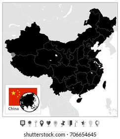 China Black Map and Flat Map Markers. No text. Detailed vector map of China.