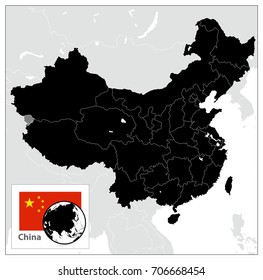 China Black Map. No text. Detailed vector map of China.