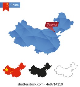 China blue Low Poly map with capital Beijing, four versions of map. Vector Illustration.