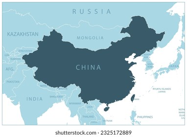 China - mapa azul con los países vecinos y nombres. Ilustración del vector