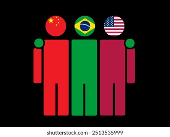 China, Brazil, and USA National Flags With Embracing Body. Vector Illustration. Isolated background.