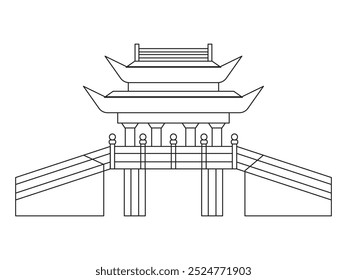 China bridge ancient old historical Chinese architecture oriental style building outline line art design icon set