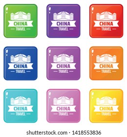 China building icons set 9 color collection isolated on white for any design