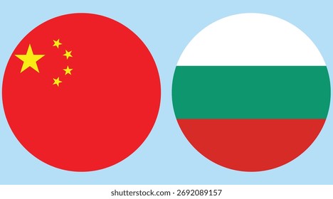 Vector de bandera circular de China y Bulgaria con fondo de luz azul 