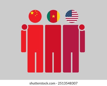 China, Cameroon, and USA National Flags With Embracing Body. Vector Illustration. Isolated background.